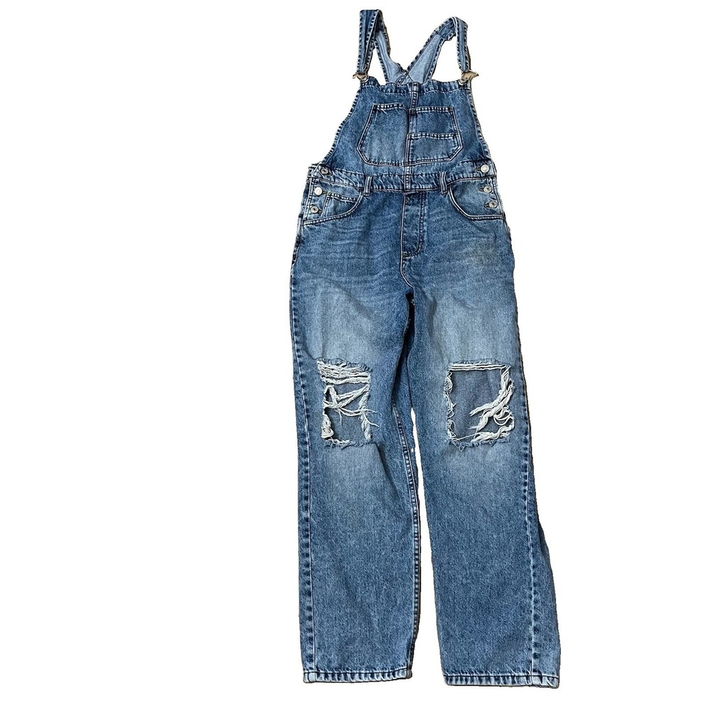 Free People We The Free Straight Leg Distressed Denim Overalls Women's Sz Small